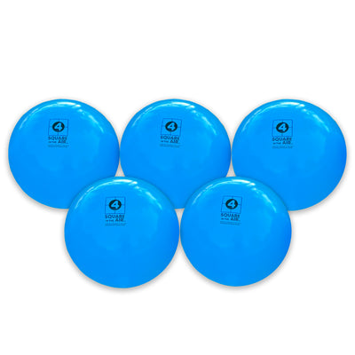Five blue game balls on a white background. 