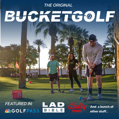 Group of happy adults playing Bucket Golf in a sunny, tropical setting. 