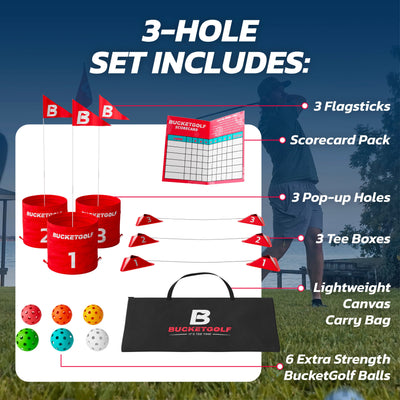 Bucket Golf three hole components including flagsticks, buckets, tee boxes, carrying bag, game balls, and scorecard pack 