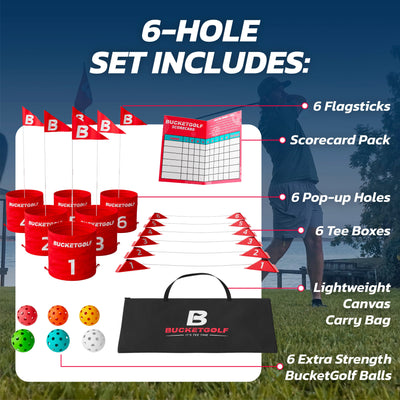 Six hole set of BucketGolf components. Red buckets, flagsticks, scorecard pack, tee boxes, carry bag, and game balls. 