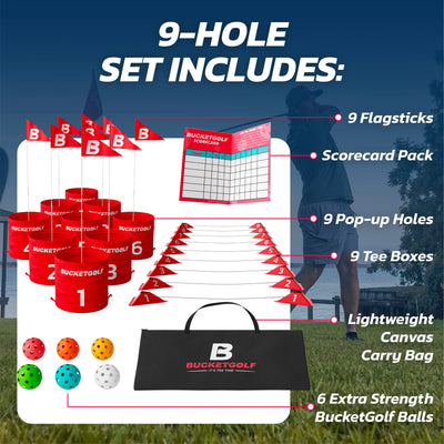 Bucket Golf nine hole set components. Buckets, balls, tee boxes, flagsticks, scorecard, and carrying bag